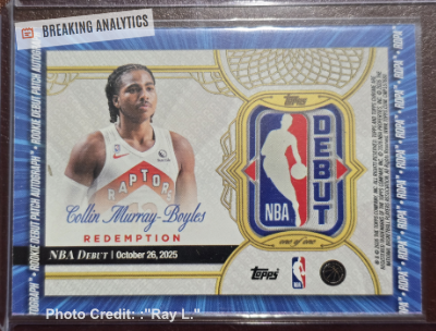 Collin Murray-Boyles NBA Debut Patch autograph card, an unscratched redemption, photographed by the collector who pulled it from a hobby box