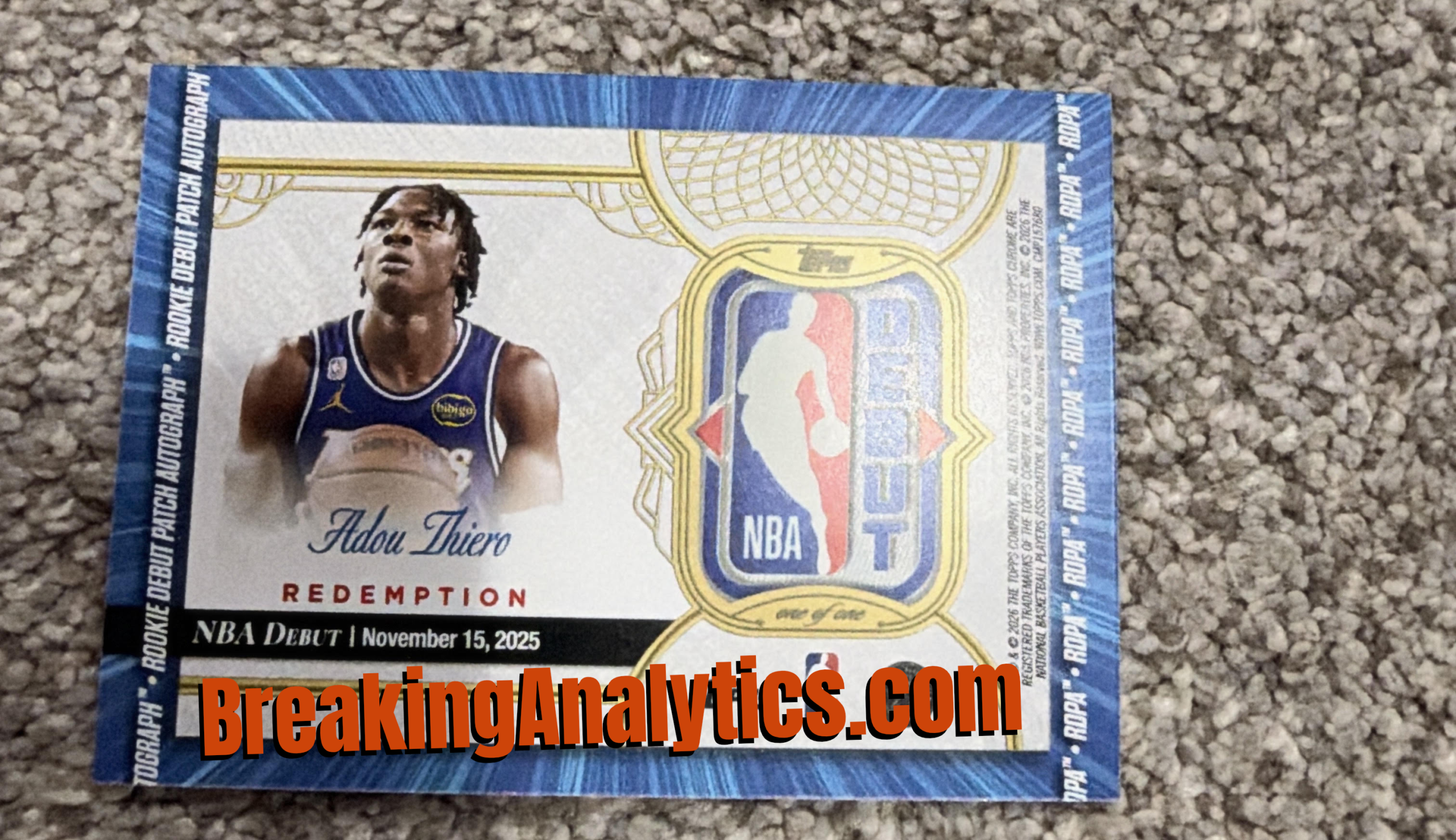 Adou Thiero NBA Debut Patch Autograph, DPA-AT, serial 1/1, pulled from a Target blaster box in Norfolk, Virginia
