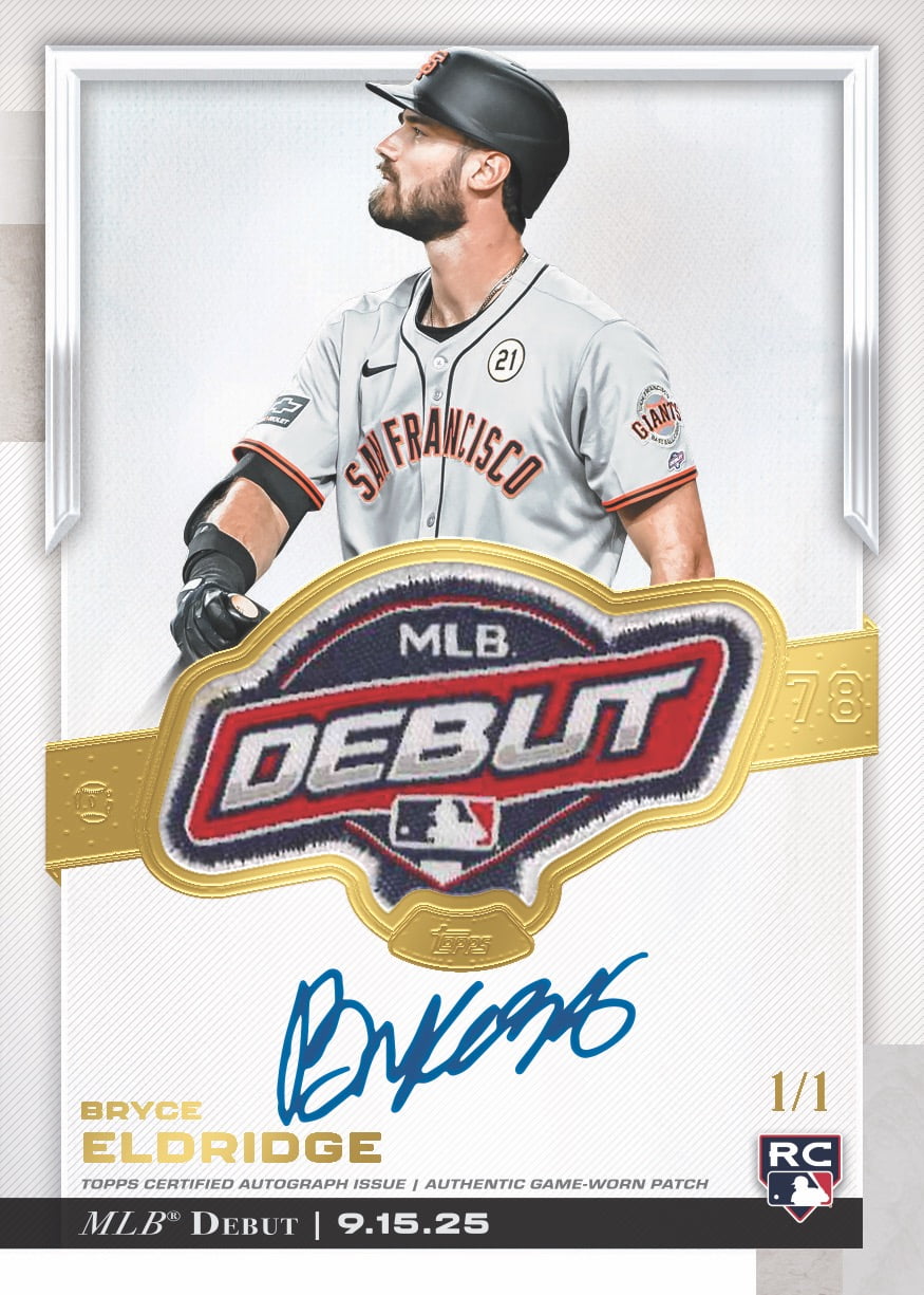 Bryce Eldridge MLB Debut Patch Autograph from 2026 Topps Chrome Update Series Baseball, 1/1, game-worn patch from his September 15, 2025 debut