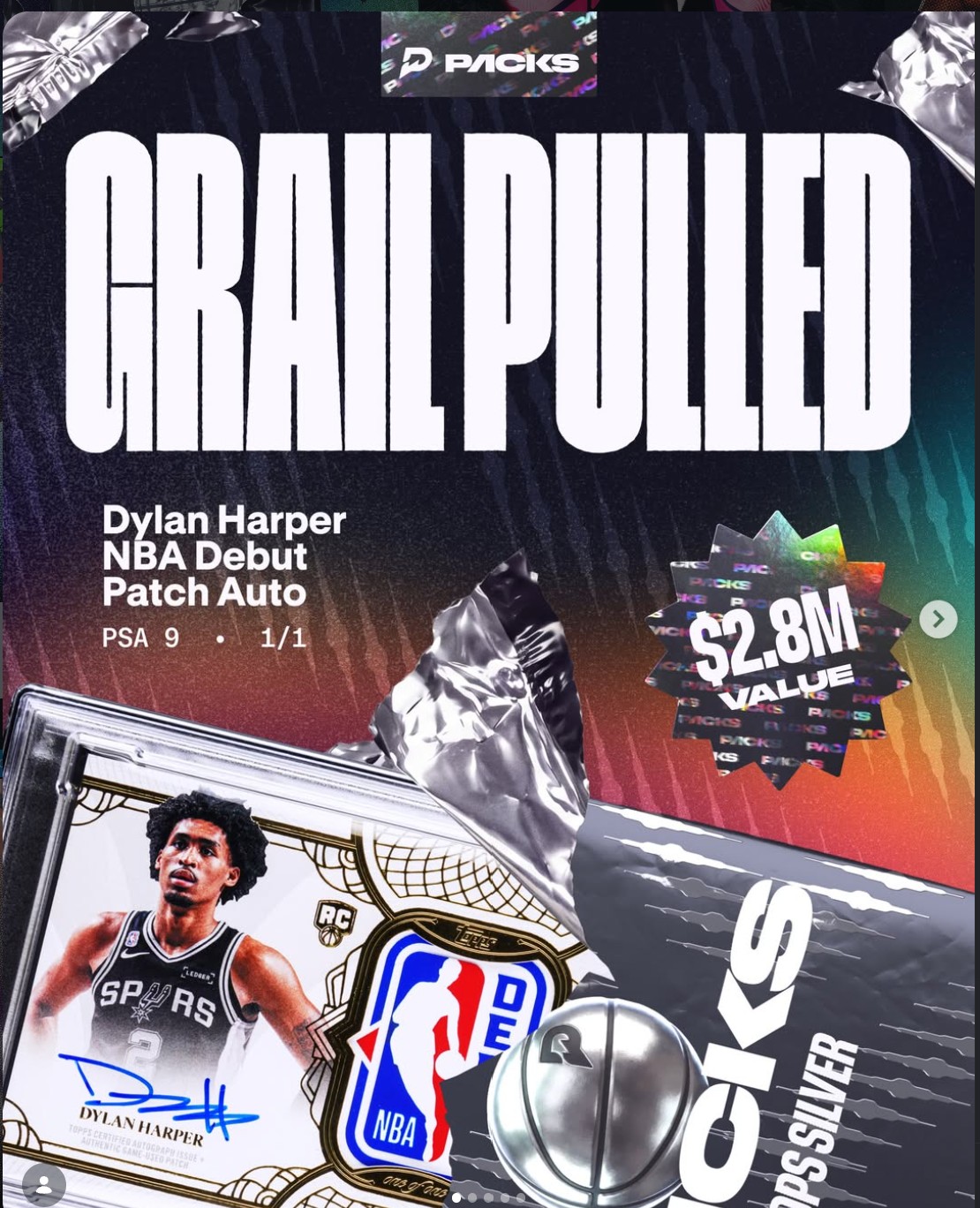 PrizePicks Packs announcement graphic: Grail Pulled, Dylan Harper NBA Debut Patch Auto, PSA 9, 1/1, $2.8M value