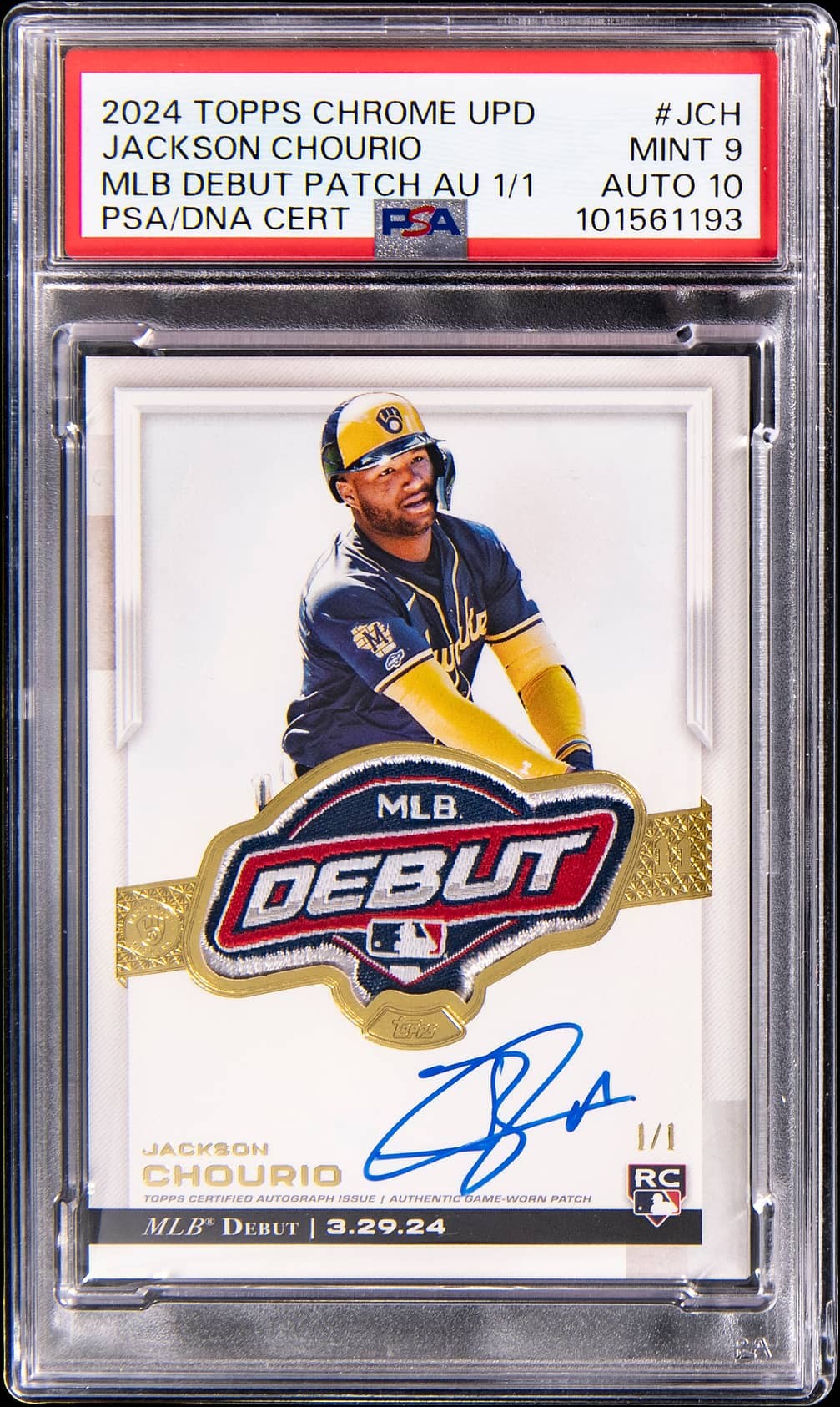 Jackson Chourio MLB Debut Patch Autograph, 2024 Topps Chrome Update, 1/1, PSA 9 with a PSA/DNA 10 autograph, in the Goldin Sports Elite Auction